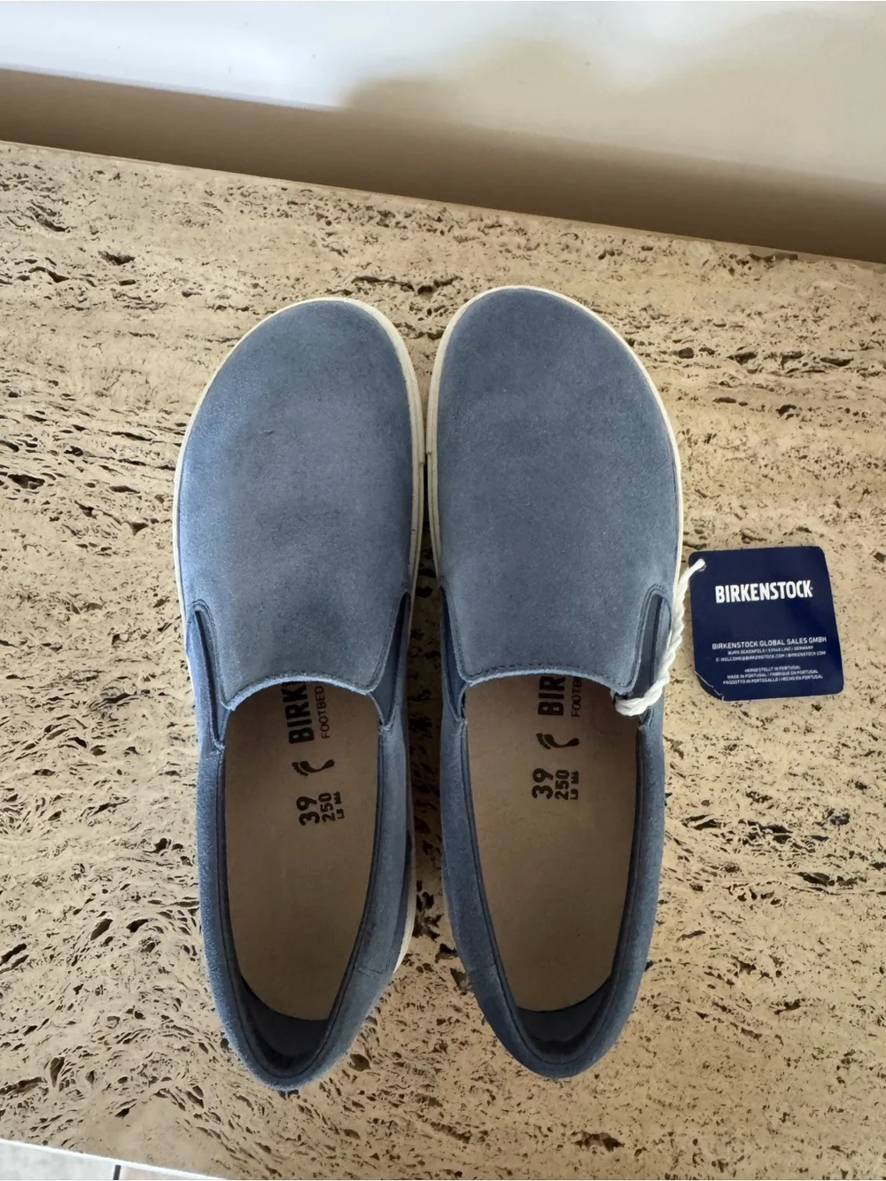 Birkenstock Oswego elemental blue suede with white sole. Size EU39.MSRP $149.95